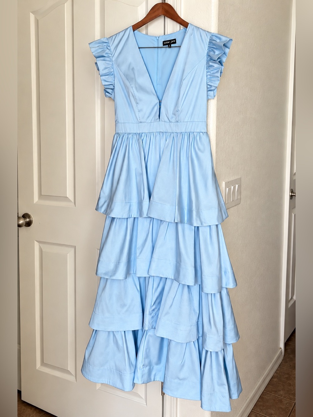Sister Jane Feria Tiered Ruffle Midi Dress Light Blue Size S NWOT